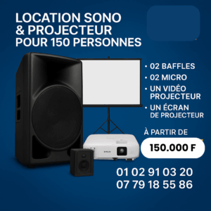 Location de sonorisation Abidjan : sono complète avec enceintes Elokance, micros sans fil, écran de vidéoprojecteur pour événements professionnels et privés.