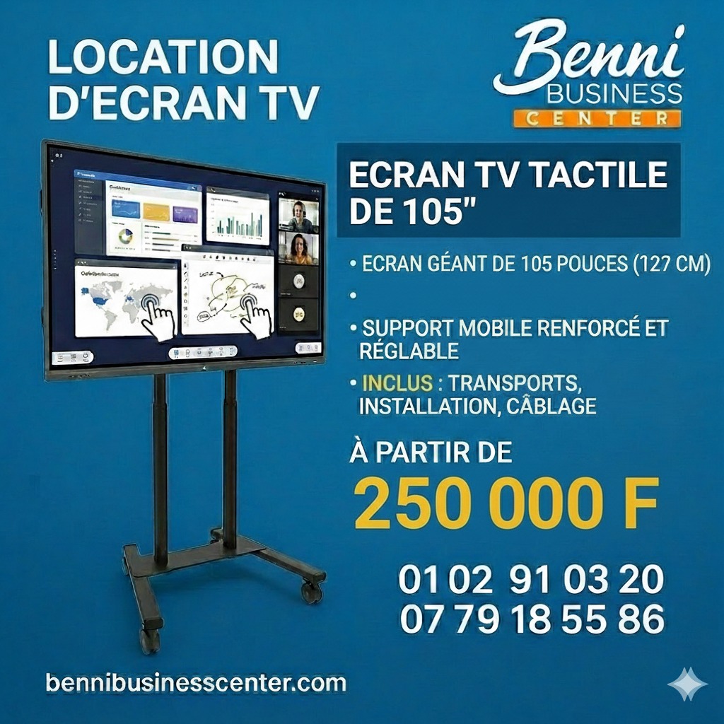 Location écran tactile géant 105 pouces Abidjan : affichage interactif 4K pour grands événements. Support mobile et installation