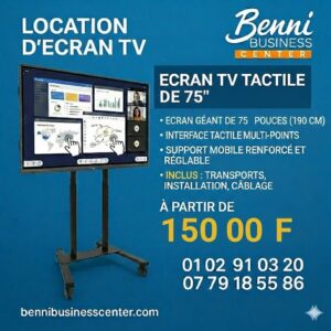 Location écran TV 75 pouces 4K Abidjan. Transport, installation et support inclus.