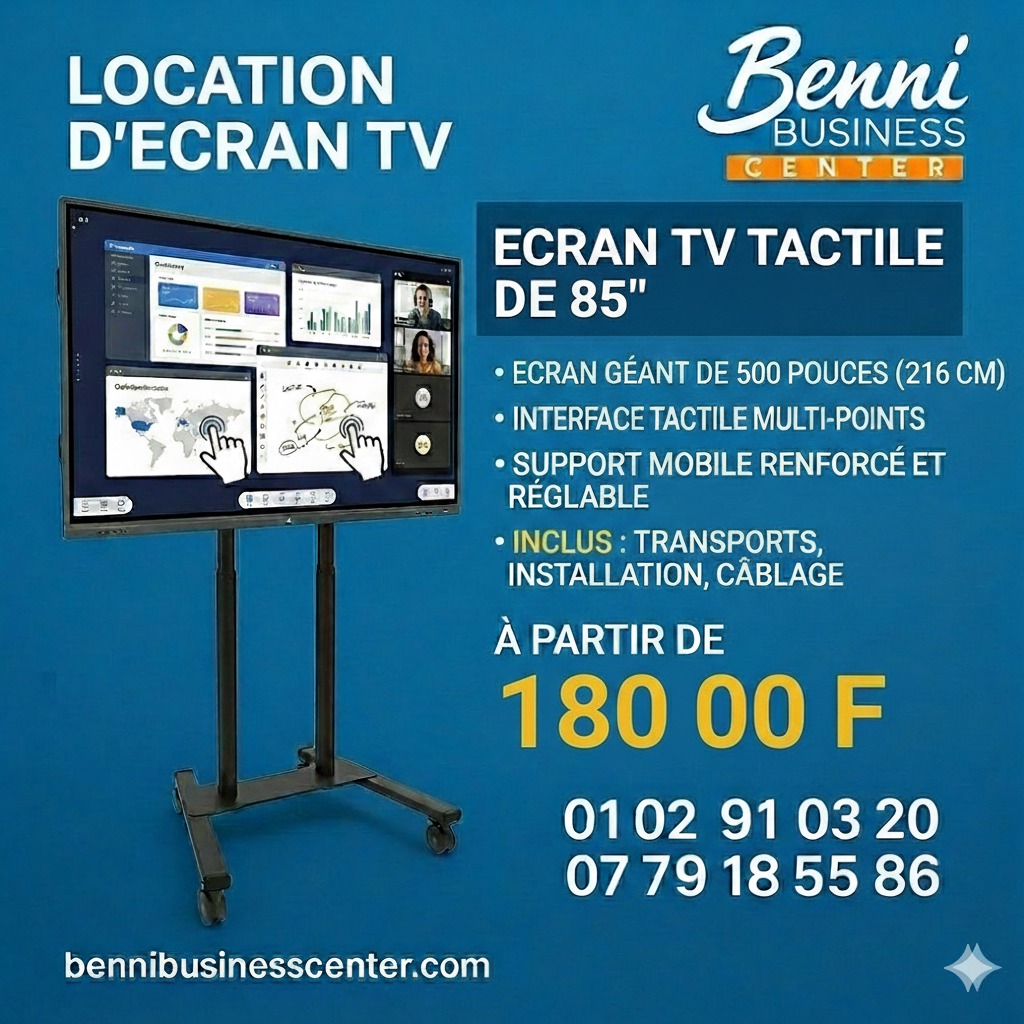 Location d'écran TV 85 pouces 4K Abidjan. Transport, installation et support inclus.